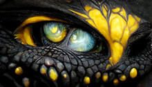 Closeup Portrait Of Black Dragon Head With Yellow Eyes Digital Art Illustration Painting Hyper Realistic