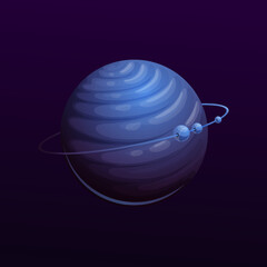 Poster - Cartoon blue dark planet with rings and satellites, fantasy space and galaxy world game, vector icon. Alien planet earth in fantastic galactic or universe, saturn with asteroids on cosmos orbit