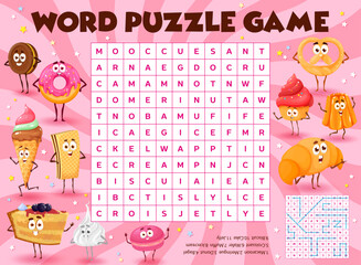 Poster - Cartoon candies, desserts and sweets characters, word search puzzle game, vector worksheet. Kids quiz grid to search and find word of cakes and cupcakes, pastry macaron, donut and bagel with biscuit