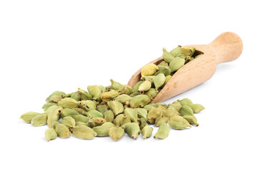 Wooden scoop with dry cardamom pods isolated on white