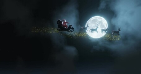 Wall Mural - Silhouette Santa and Reindeer with golden magic sparkle flying in the dark sky with full moon and many stars. Concept for christmas eve. 3D rendering .