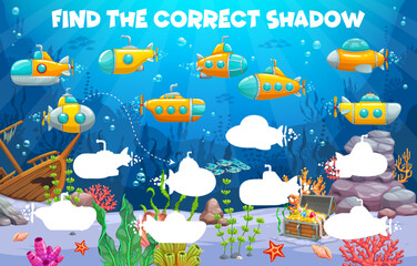 Poster - Find the correct shadow of cartoon submarines and bathyscaphes. Kids game vector worksheet. Educational puzzle quiz with silhouette of underwater landscape and submarine shis with periscope