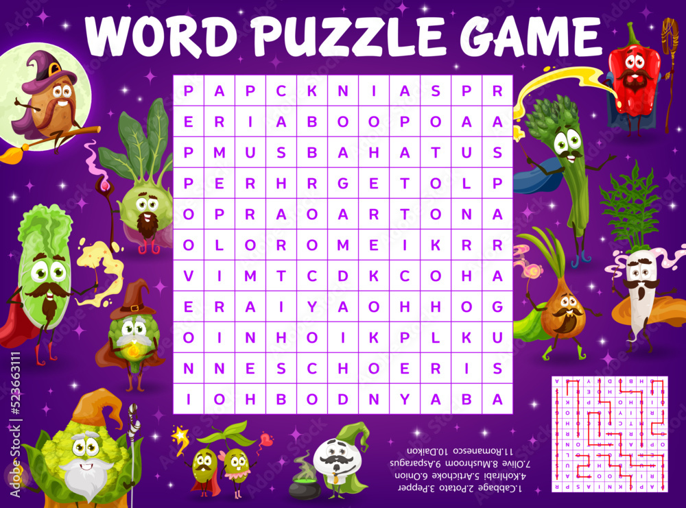 Word Wizard Riddles Vector de Stock Cartoon vegetable wizards and sorcerers characters with ...