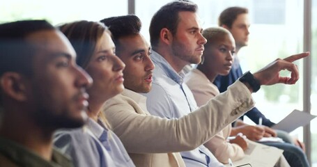 Poster - Professional businessman raise hand to ask question in conference seminar, sitting with work colleagues in modern office. Diverse group of employees listening in strategy training presentation.