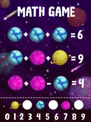 Poster - Math game puzzle worksheet. Cartoon fantasy planets in galaxy space. Kids math vector riddle, mathematics quiz and learning playing activity with fantastic icy planets, moon and comets in outerspace