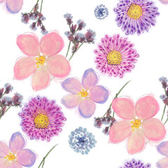 Wall Mural - Seamless floral design with pink flowers for background, Watercolor illustration.