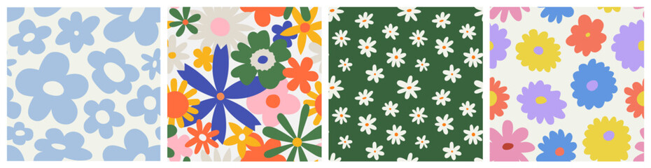 trendy floral seamless pattern collection. set of vintage 70s style flower background illustration. 