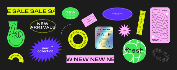 Colorful business sale sticker collection. Set of trendy neon cartoon label for store discount, online promotion or social media post. Fun y2k style graphic element bundle.