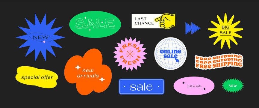Colorful business sale sticker collection. Set of trendy retro cartoon label for store discount, online promotion or social media post. Fun y2k style graphic element bundle.