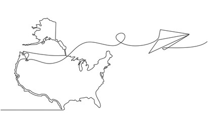 Continuous one line drawing of United States domestic aircraft flight routes. US map icon and airplane path of airplane flight route with starting point location and single line trail in doodle style