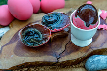 Asian Traditional Food, Pink Century Eggs (Pidan Eggs) Also Known As Preserved Egg, Hundred-year Egg, Thousand-year Egg Are A Chinese Preserved Food Product And Delicacy Made By Preserving Duck, Chick