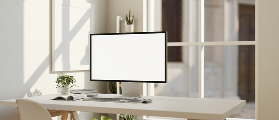 Wall Mural - Minimal white office workspace interior with computer mockup and decors on table against the window