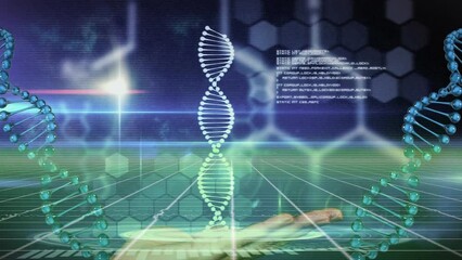 Wall Mural - animation of chemical and dna structure spinning over a hand against light spot on blue background