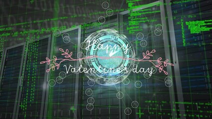 Poster - Animation of happy valentines day text banner over globe and data processing against server room
