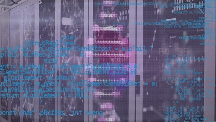 Poster - Animation of spinning dna structure and data processing against computer server room