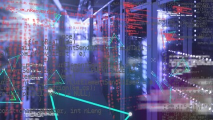 Poster - animation of multiple abstract triangle shapes and data processing against computer server room