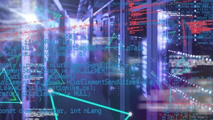 Poster - animation of multiple abstract triangle shapes and data processing against computer server room