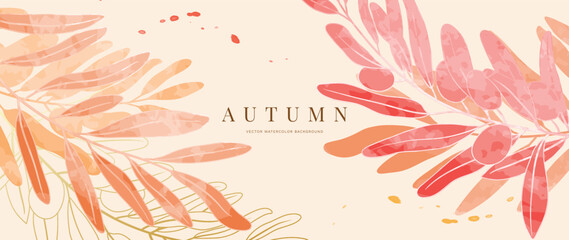 Wall Mural - Autumn foliage in watercolor vector background. Abstract wallpaper design with leaf branch, olive tree, line art. Elegant botanical in fall season illustration suitable for fabric, prints, cover. 