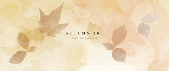 Wall Mural - Autumn foliage in watercolor vector background. Abstract wallpaper design with maple, leaf branch, line art. Elegant botanical in fall season illustration suitable for fabric, prints, cover. 