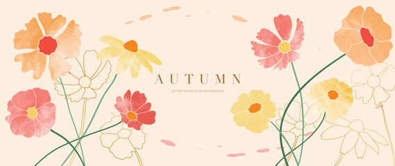 Autumn floral in watercolor vector background. Abstract wallpaper design with garden, flowers, wildflowers. Elegant botanical in fall season illustration suitable for fabric, prints, cover. 