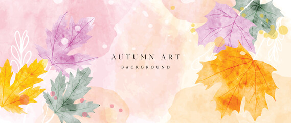 Wall Mural - Autumn foliage in watercolor vector background. Abstract wallpaper design with maple, leaf branch, line art. Elegant botanical in fall season illustration suitable for fabric, prints, cover. 