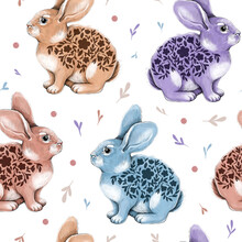 Seamless Pattern Of Hand Drawn Rabbits And Leaves. Cute Easter Illustration For Wrapping Paper, Fabric, Wallpaper. Symbol Of 2023..