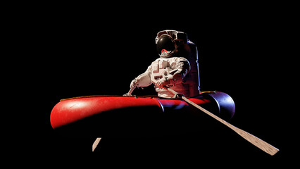Wall Mural - astronaut in rubber boat, isolated on black background