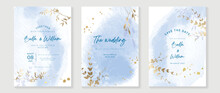 Luxury Botanical Wedding Invitation Card Template. Watercolor Card With Blue Color, Leaves Branches, Foliage, Trees. Elegant Blossom Vector Design Suitable For Banner, Cover, Invitation.