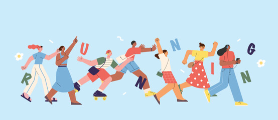 Poster - People of various styles are running together, and the RUNNING alphabet is seen among the people. flat design style vector illustration.