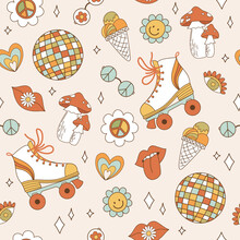 Seamless Pattern Retro 1970s Hippie. Psychedelic Groove Elements. Background With Roller Skate, Mushrooms In Vintage Style. Illustration With Positive Symbols For Wallpaper, Fabric, Textiles. Vector
