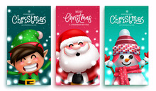 Christmas Character Greeting Vector Poster Set. Merry Christmas Text Collection With Santa Claus, Snowman And Elf Cute Characters For Xmas Characters Messages. Vector Illustration.
