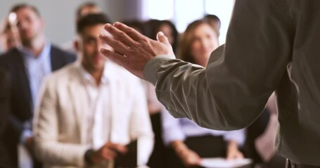 Poster - Businessman giving a presentation to coworkers at a corporate conference. Closeup of an executive using hand gestures while speaking to his team. Professional leader talking in a business meeting.