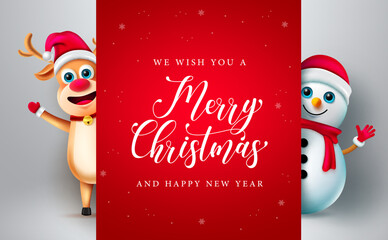 Christmas characters vector template design. Merry christmas text with snow man and reindeer characters waving in background for holiday season greeting card design. Vector illustration.
