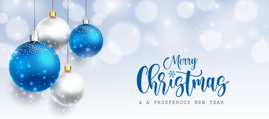 Wall Mural - christmas holiday vector background design. merry christmas greeting text with blue and silver hangi
