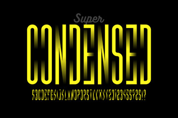 Poster - modern condensed font with gradient elements, alphabet and numbers vector illustration