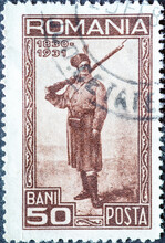 ROMANIA - CIRCA 1931: A Postage Stamp From Romania , Showing A Historical Soldier With Overcoat And Shouldered Rifle Infantry (Dorobant) C. 1870 . Circa 1931