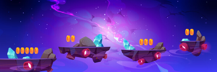 Poster - space game, mobile arcade with flying rock platforms, crystal assets and coins in galaxy with stars 
