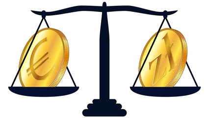 Canvas Print - Gold coin of Polish Zloty PLN and Euro EUR on scales isolated on white background. Laws on digital assets CBDC. Design element.