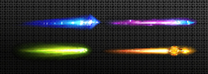 Vfx effect of meteorite, star flames or missile blast trails. Green, orange, pink and blue light or fire of rocket, comet, magic spell trace, weapon rays isolated elements, Realistic 3d vector set