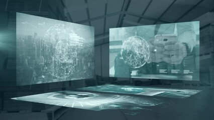 Poster - Animation of data processing with globes over warehouse