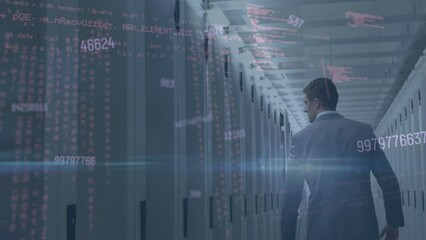 Poster - Animation of data processing over caucasian businessman in server room