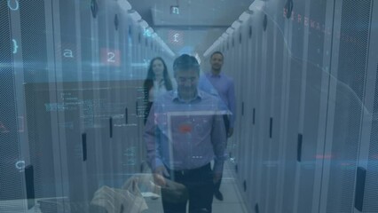 Poster - Animation of cyber attack warning over hacker and diverse business people in server room