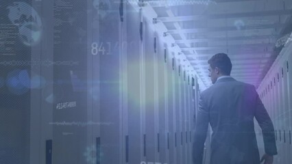 Poster - Animation of data processing over caucasian businessman in server room