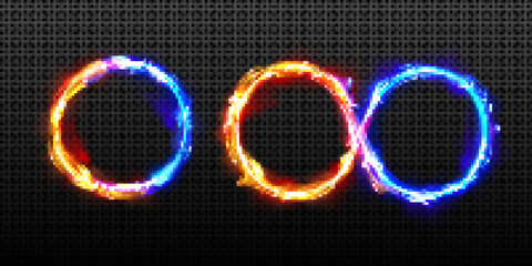 Poster - Abstract neon ring and infinity symbol from fire and ice energy. Vector realistic illustration of circle and loop frames with magic blue and orange flame and sparks isolated on transparent background