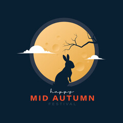 Wall Mural - Chinese Mid Autumn festival greeting card design illustration with bunny silhouette in front of moon