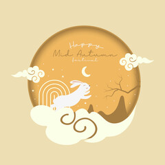 Wall Mural - Cute Rabbit jump in front of mountain silhouette for Mid autumn celebration