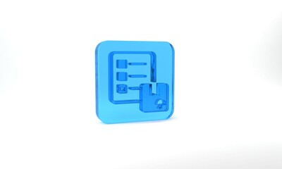 Poster - Blue Verification of delivery list clipboard icon isolated on grey background. Glass square button. 3d illustration 3D render