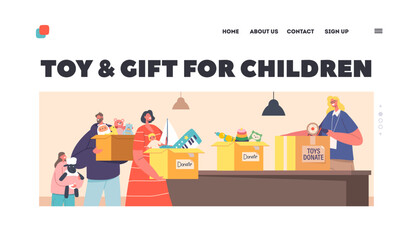 Wall Mural - Charity, Toys and Gifts for Children Landing Page Template. People Giving Toys to Volunteer for Supporting Kids