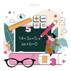 Wall Mural - Math school subject. Students studying arithmetics, algebra and geometry.