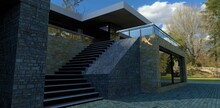 Concrete Stairs To The Terrace. Exterior Cladding In Slate Grey. Glass Railing. Steel Fastening. Stone Blocks Natural Granite. 3d Render.